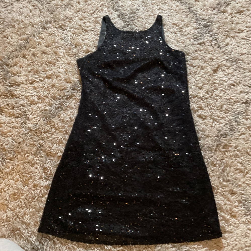 Jenny Han Black Sequin Lace Shift Dress‎ Sleeveless Cocktail Party Mini